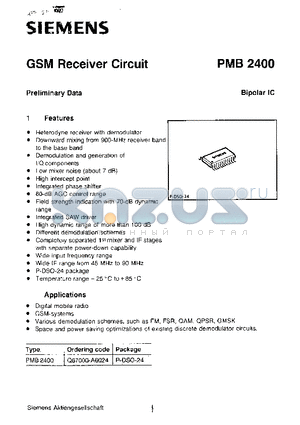 PMB2400 datasheet - GSM RECEIVER CIRCUIT