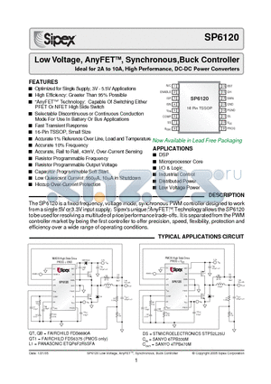 SP6120 datasheet - Low Voltage, AnyFETTM, Synchronous,Buck Controller Ideal for 2A to 10A, High Performance, DC-DC Power Converters
