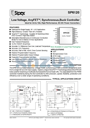 SP6120CY datasheet - Low Voltage, AnyFETTM, Synchronous ,Buck Controller Ideal for 2A to 10A, High Performance, DC-DC Power Converters