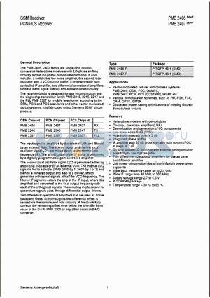 PMB2407-F datasheet - GSM Receiver PCN/PCS Receiver