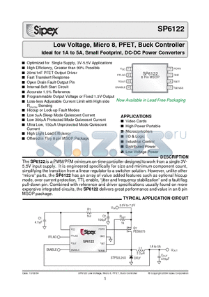 SP6122ACU-15 datasheet - Low Voltage, Micro 8, PFET, Buck Controller Ideal for 1A to 5A, Small Footprint, DC-DC Power Converters