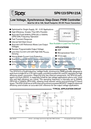 SP6123 datasheet - Low Voltage, Synchronous Step-Down PWM Controller Ideal for 2A to 10A, Small Footprint, DC-DC Power Converters