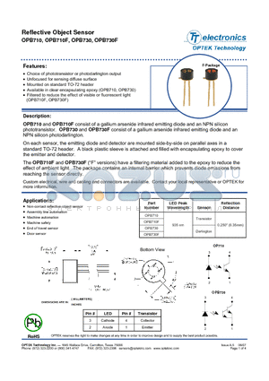 OPB730 datasheet - Reflective Object Sensor