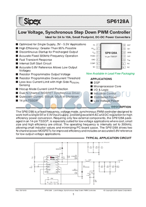 SP6128AHY datasheet - Low Voltage, Synchronous Step Down PWM Controller Ideal for 2A to 10A, Small Footprint, DC-DC Power Converters