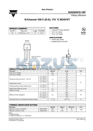 SUU50N10-18P datasheet - N-Channel 100-V (D-S), 175 `C MOSFET