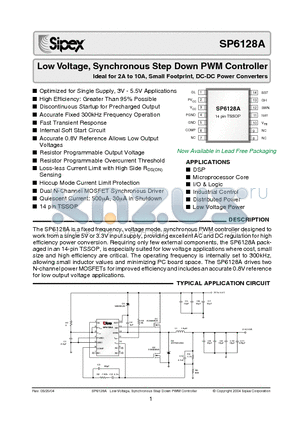 SP6128AEY/TR datasheet - Low Voltage, Synchronous Step Down PWM Controller Ideal for 2A to 10A, Small Footprint, DC-DC Power Converters