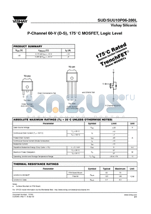 SUU10P06-280L datasheet - P-Channel 60-V (D-S), 175C MOSFET, Logic Level