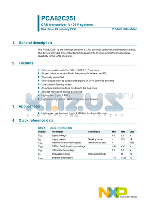 PCA82C251 datasheet - CAN transceiver for 24 V systems