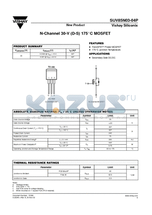 SUV85N03-04P datasheet - N-Channel 30-V (D-S) 175C MOSFET