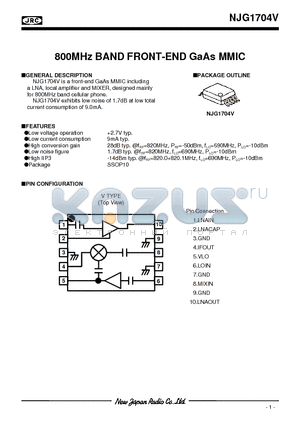 NJG1704 datasheet - 800MHz BAND FRONT-END GaAs MMIC