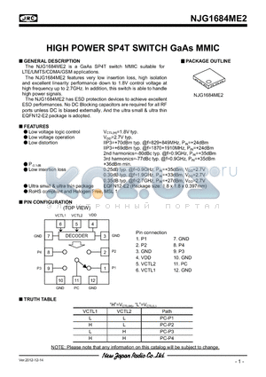 NJG1684ME2 datasheet - HIGH POWER SP4T SWITCH GaAs MMIC