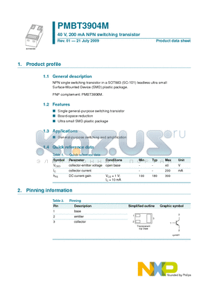 PMBT3904M datasheet - 40 V, 200 mA NPN switching transistor