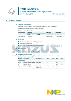 PMBT3904VS datasheet - 40 V, 200 mA NPN/NPN switching transistor