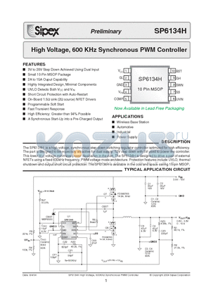 SP6134H datasheet - High Voltage, 600 KHz Synchronous PWM Controller