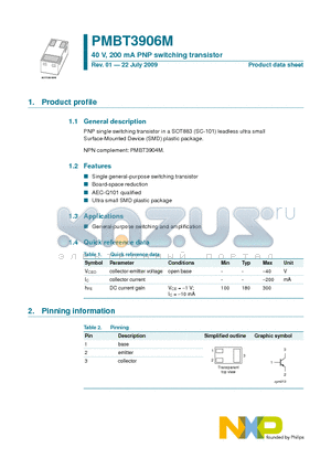 PMBT3906M datasheet - 40 V, 200 mA PNP switching transistor