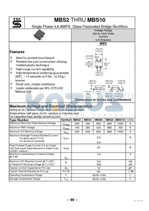 MBS10 datasheet - Single Phase 0.8 AMPS. Glass Passivated Bridge Rectifiers