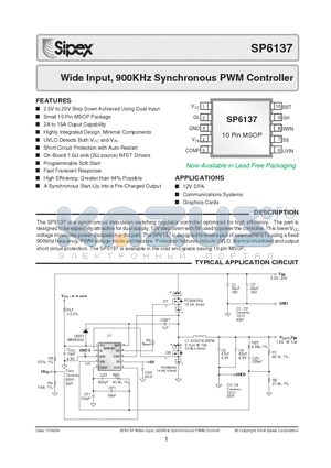 SP6137 datasheet - Wide Input, 900KHz Synchronous PWM Controller