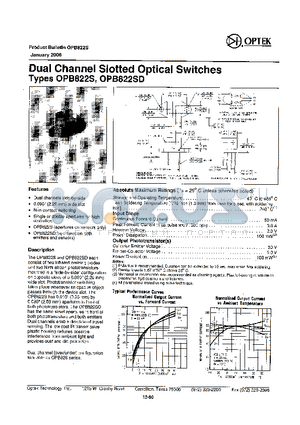 OPB822SD datasheet - DUAL CHANNEL SLOTTED OPTICAL SWITCHES