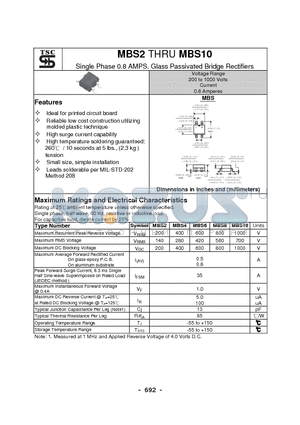 MBS6 datasheet - Single Phase 0.8 AMPS. Glass Passivated Bridge Rectifiers