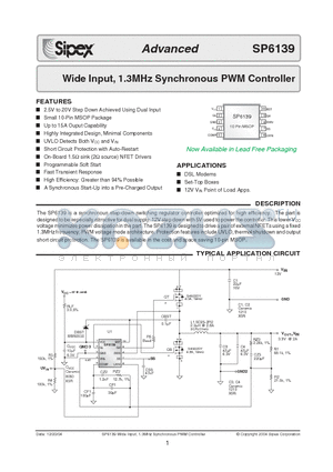 SP6139 datasheet - Wide Input, 1.3MHz Synchronous PWM Controller