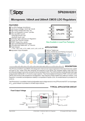 SP6200 datasheet - Micropower, 100mA and 200mA CMOS LDO Regulators