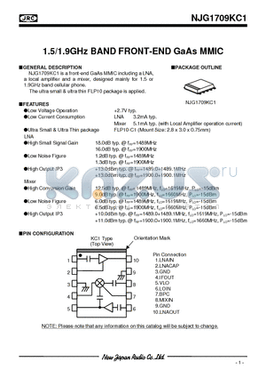 NJG1709KC1-L1 datasheet - 1.5/1.9GHz BAND FRONT-END GaAs MMIC