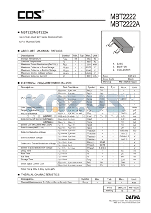 MBT2222A datasheet - SILICON PLANAR EPITAXIAL TRANSISTORS N-P-N TRANSISTORS