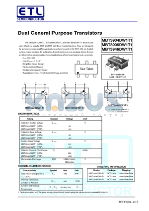 MBT3904DW datasheet - Dual General Purpose Transistors