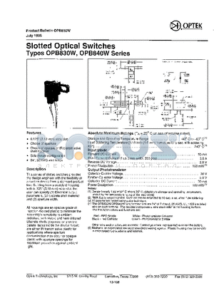 OPB830W datasheet - Slotted Optical Switches