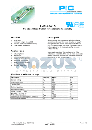 PMC-1001S2025 datasheet - Standard Reed Switch for automated assembly