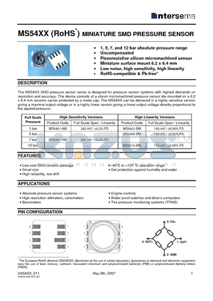 MS54XX datasheet - MINIATURE SMD PRESSURE SENSOR