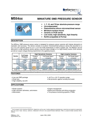 MS54XX datasheet - MINIATURE SMD PRESSURE SENSOR