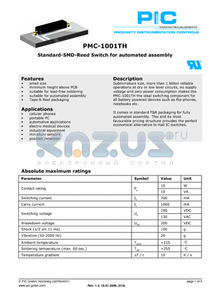 PMC-1001TH1015 datasheet - Standard-SMD-Reed Switch for automated assembly