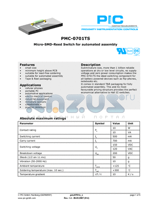 PMC-0701TS2025 datasheet - Micro-SMD-Reed Switch for automated assembly