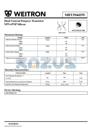 MBT3946DW datasheet - Dual General Purpose Transistor NPNPNP Silicon