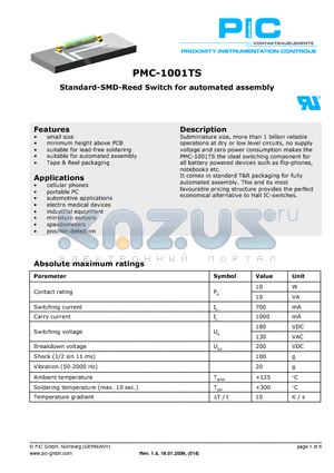 PMC-1001TS1520 datasheet - Standard-SMD-Reed Switch for automated assembly