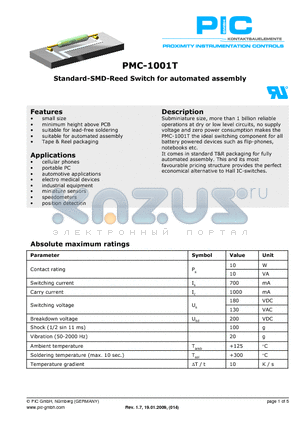 PMC-1001T1015 datasheet - Standard-SMD-Reed Switch for automated assembly