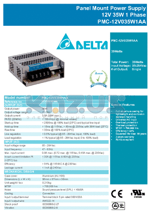 PMC-12V035W1AA datasheet - Panel Mount Power Supply 12V 35W 1 Phase