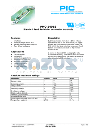 PMC-1401S datasheet - Standard Reed Switch for automated assembly