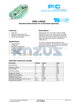 PMC-1401S2025 datasheet - Standard Reed Switch for automated assembly