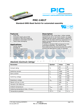 PMC-1401T1015 datasheet - Standard-SMD-Reed Switch for automated assembly