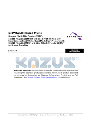 S73WS256ND0BAWA70 datasheet - Stacked Multi-Chip Product (MCP)