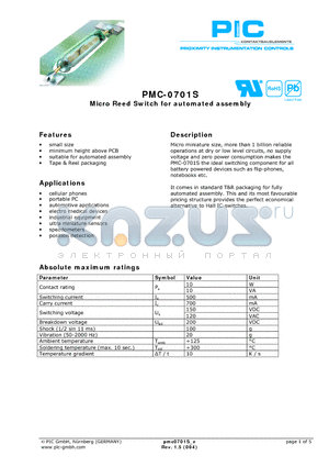 PMC-0701S datasheet - Micro Reed Switch for automated assembly