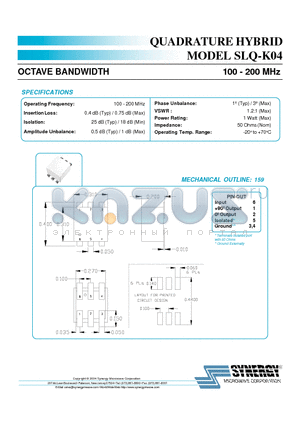 SLQ-K04 datasheet - QUADRATURE HYBRID OCTAVE BANDWIDTH 100 - 200 MHz