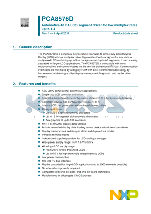 PCA8576D datasheet - Automotive 40 x 4 LCD segment driver for low multiplex rates up to 1:4