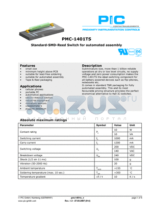 PMC-1401TS1015 datasheet - Standard-SMD-Reed Switch for automated assembly