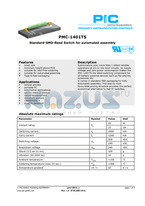 PMC-1401TS2025 datasheet - Standard-SMD-Reed Switch for automated assembly