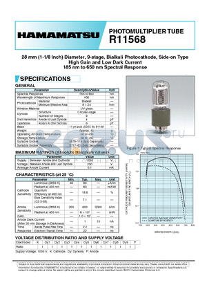 R11568 datasheet - 28 mm (1-1/8 Inch) Diameter, 9-stage, Bialkali Photocathode, Side-on Type High Gain and Low Dark Current