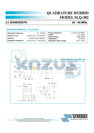 SLQ-302 datasheet - QUADRATURE HYBRID 3:1 BANDWIDTH 20 - 60 MHz