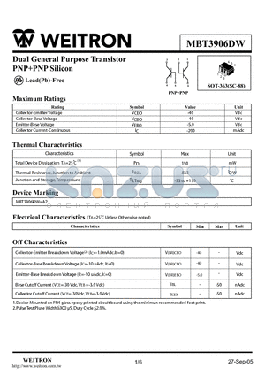 MBT3906DW datasheet - Dual General Purpose Transistor PNPPNP Silicon
